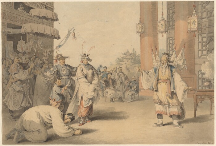 This is a painting depicting a ceremonial scene in traditional East Asian clothing. One figure is bowing deeply on the ground, while another elaborately dressed figure stands nearby. A procession of figures carrying banners and musical instruments adds to the ceremonial atmosphere. Architectural features, decorative elements, lanterns, and columns suggest a grand hall or temple setting. A smoke-emitting vessel on the right suggests ritualistic undertones. This is a piece inspired by 18th-century Chinese art, likely portraying a scene rich in cultural symbolism and hierarchical gestures.