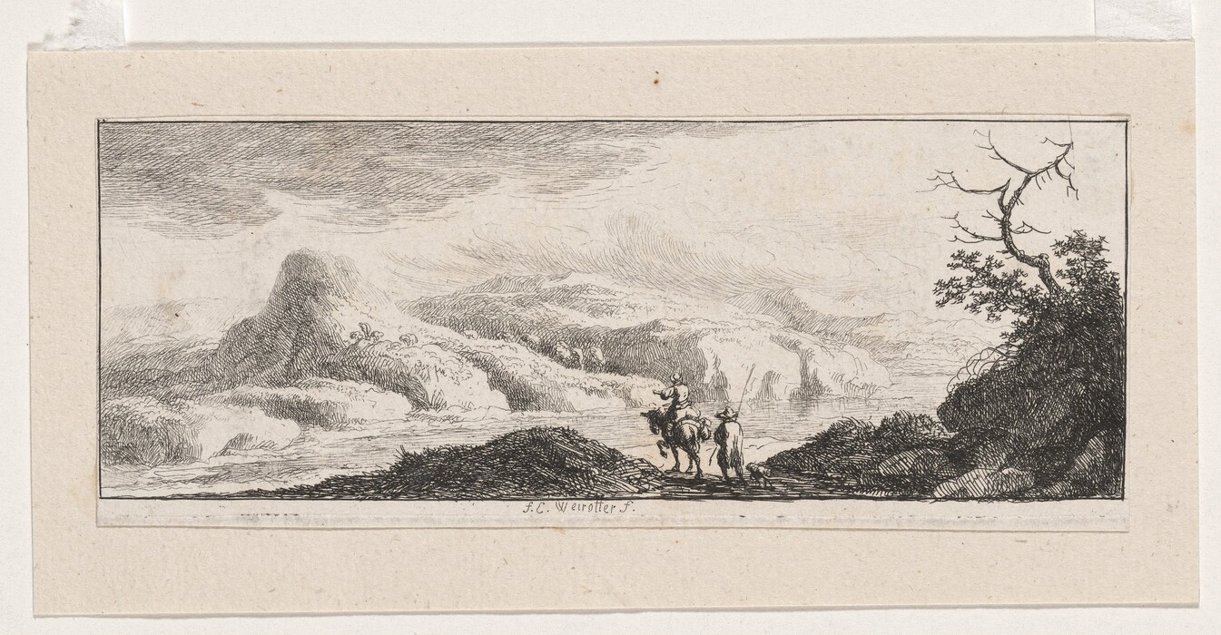 The image shows a landscape with hills, clouds, two figures on horseback, and a tree branch in the foreground. The terrain varies from soft mounds to rugged, higher landforms in the distance.