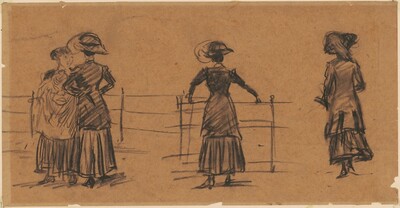 “Studies of Women by the Park Railing”. Three sketches of women are shown, each standing in different positions.
