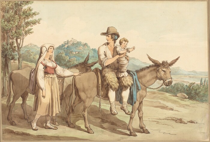 The image shows a group of people and animals in a hilly landscape. There are two donkeys, one with a man carrying a swaddled baby and the other with a woman wearing a white scarf. In the background, there is a small village nestled amongst hills and trees, with a sky painted in soft blue with cloud-like brushstrokes. The style features delicate brushstrokes, giving a watercolor-like quality to the scene and emphasizing the earthy tones of the clothing and landscape.
