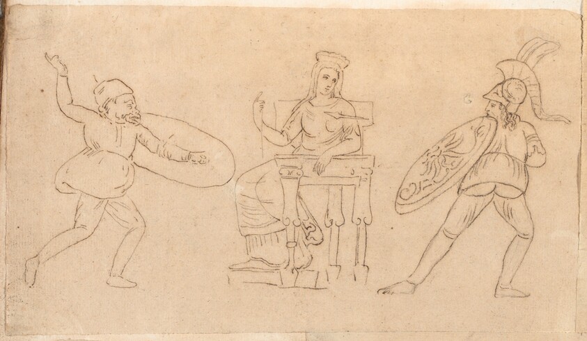 Comic Warrior, Seated Woman, and Figure with a Shield