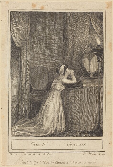 The image shows a woman in a kneeling position with her elbows resting on a draped surface. She has dark hair, a headband, and wears a long gown. Next to her is a chair, and a lit lamp or candle stands to her right. The background has heavy curtains and textured walls and floors.