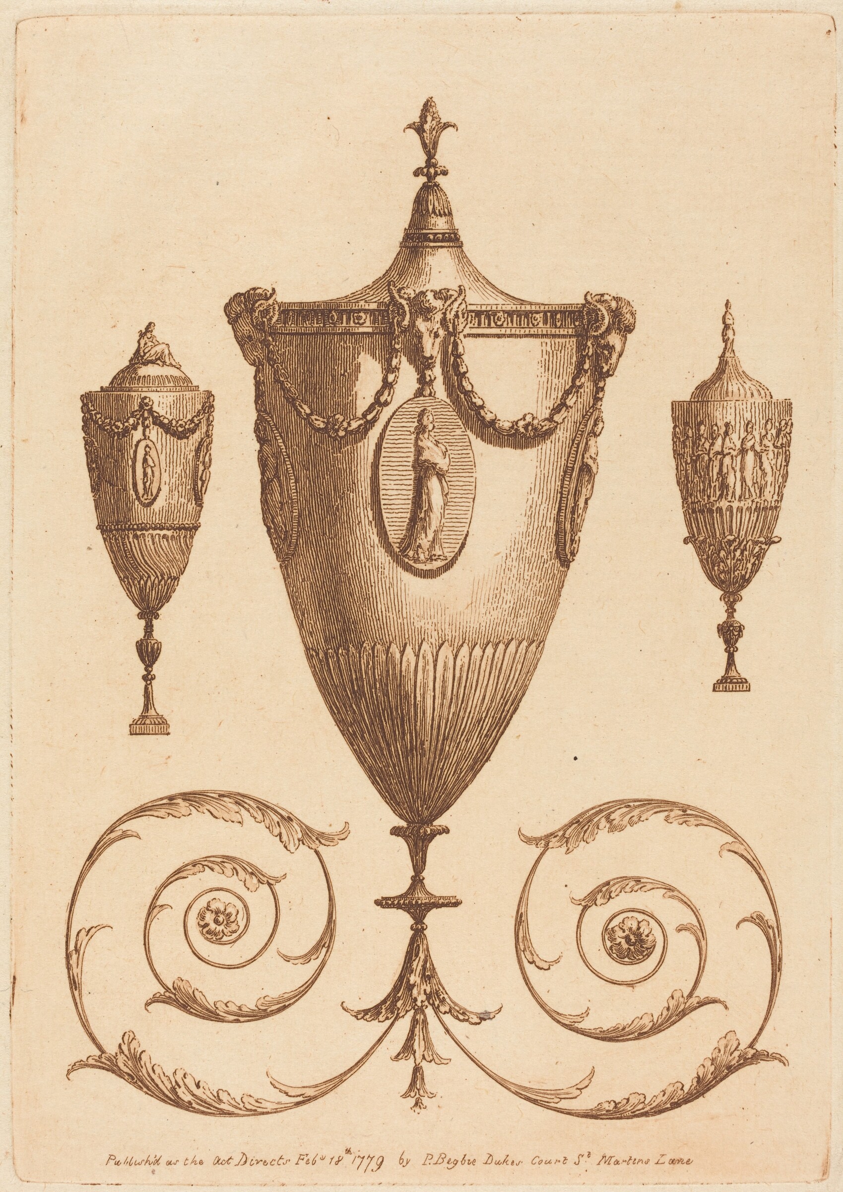 Three Classical Vases, One with Flourishes, Patrick Begbie, 1779