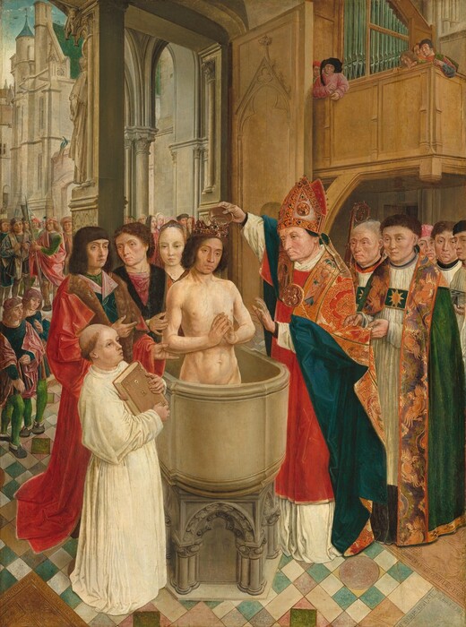 A nude man stands in a sandstone-colored, hip-high basin with hands together in prayer, as ten people stand around the basin and more look on from a distance in this vertical painting. The man, Clovis, stands with his body facing us but his head tilts slightly to his left, our right. He wears a jeweled crown over his chin-length brown hair, and looks off to our right with dark eyes under dark brows. The basin sits on an ornately carved gray stone plinth. Next to the basin to our right, a man wears a cardinal-red tunic over a long-sleeved, white garment and tips a golden bowl of liquid to pour it onto Clovis’s head. His left hand, closest to us, is held up with his palm facing Clovis. He wears a jeweled gold and silver, pointed hat that splits up the sides to expose red lining, and a richly brocaded red and gold cloak with royal-blue lining. The bronze-colored medallion hanging at his chest has an image of a man’s head and torso. The cloak seems to be embroidered with two men on the lapels, one holding a sword, the other a large key in one hand and a book in the other. Another man wearing a brocaded robe holds back the sleeve of the bishop’s raised hand, while four more men wearing robes stand in a tight cluster. An older man in this group, with graying hair, holds a curling, gold staff. Five men look onto the scene from a balcony above this group, along the right edge of the panel. A row of greenish-silver organ pipes lines the balcony behind them. Next to the basin to our left, a shorter or kneeling man with his hair shaved into a ring around his head wears a white gown and holds a large, thick book to his chest. The book is bound in light brown leather with metal clasps and fittings. Behind Clovis and to our left, a woman looks on with her hair pulled back under a gold-colored veil. Two men next to her right wear fur-trimmed cloaks of rich reds and dark green, and each touches Clovis’s arm. Beyond this group surrounding the basin, more people gather in a courtyard outside the church entrance to watch the ceremony. They wear cloaks and leggings in rose pink, emerald green, light blue, or tan. At the front of the crowd, one man holds a long-handled weapon with an axe blade and spear tip. Other stone buildings are visible around the courtyard, and a peacock perches on an archway over the crowd, in the distance.