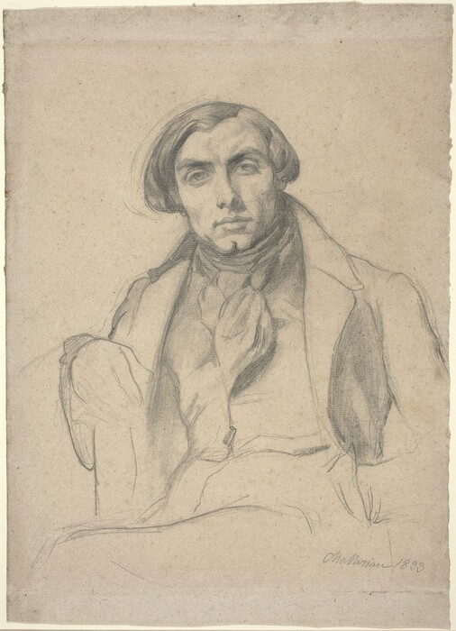 The image is a pencil sketch of a man seated and shown from the waist up. He is leaning back, with his left arm resting on the chair's arm. The man's facial features are detailed, with a strong jawline, pronounced cheekbones, and deeply set eyes. His hair is styled with a center part. He wears a coat over what looks like a high-collared shirt or a scarf. The background is plain, focusing on the subject, with the artist's signature and the date "1839" in the lower right corner.