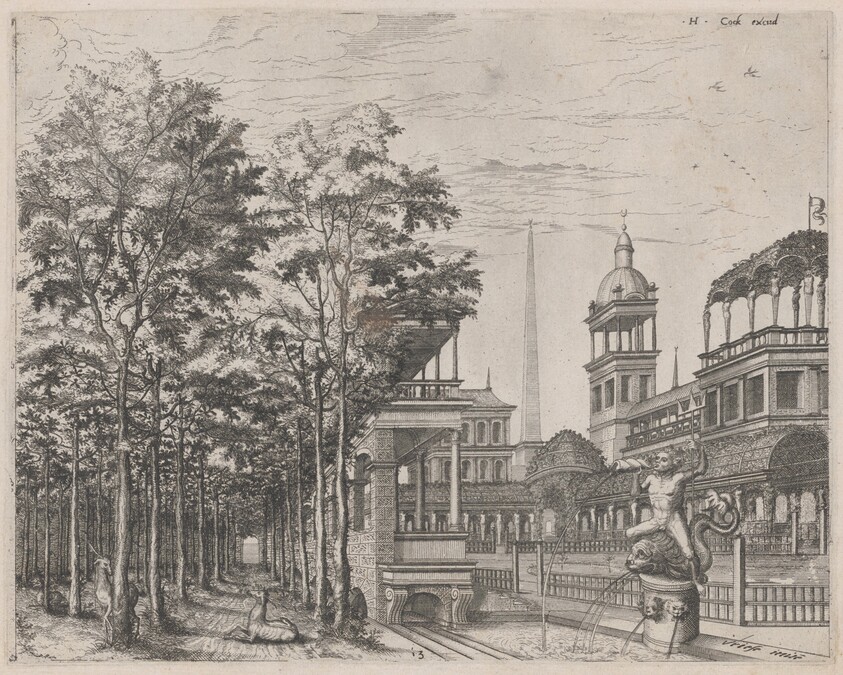 Landscape with Trees, Two Deer, and a Palace Courtyard