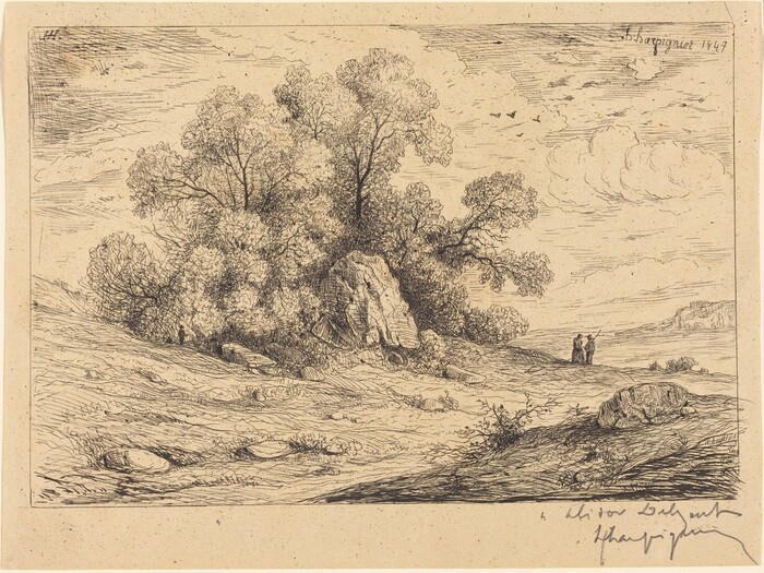 The image shows a view over a natural landscape with trees and rocky formations. The horizon is low in the upper middle of the image with open sky and a few clouds. Birds are flying in the distance. The brushstroke technique is detailed and precise, creating textured foliage and cloud formations. The color palette is monochromatic in shades of sepia. Rocky terrain, plant life, and two small figures pointing to the landscape are depicted.