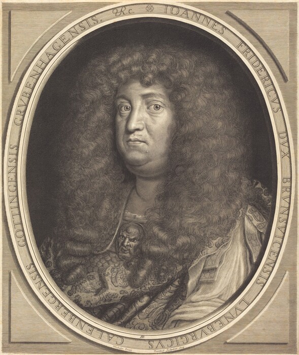The image shows an upper-torso portrait of a man positioned facing forward. He has a round face with prominent, heavy-lidded eyes, a straight nose, and full lips. His hair is long, thick, and curly, cascading down past his shoulders. He is wearing an ornate garment with a decorative shoulder cover that features a large, detailed face embellishment. Around him is an oval frame containing text. The background behind the man is plain.