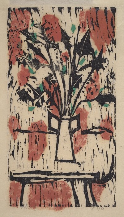 The image shows a large vase with a bouquet of flowers on a table. The color palette includes muted shades of red, green, and black on a beige background.