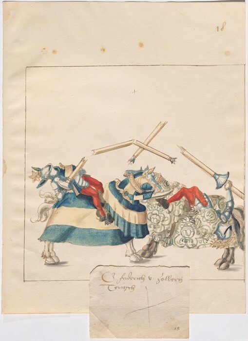 This is a drawing of a jousting scene between two mounted knights. The drawing depicts knights in armor on horses engaged in a jousting match. Each knight features an armor design and carries a lance. The horses are also armored and decorated to match the knights. The image captures a dynamic moment of a jousting duel.