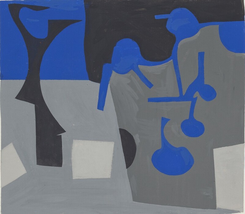 The image shows an abstract composition of geometric shapes and fluid lines. It features dominant angular black and blue regions intersecting with softer gray and white rectangles, creating a sense of movement. There are curvy blue shapes on the right and a tall black shape on the left. The colors involved are blue, black, gray, and white, creating a visually striking contrast.