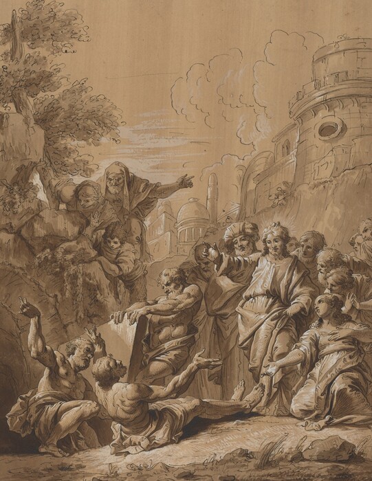 This is a drawing showing figures engaged in a scene. The drawing features people gathered in an outdoor setting with architectural structures in the background. Some figures are in dynamic poses, with one group handling a large slab in the foreground. Above them, an individual stands with an outstretched arm. The background includes foliage and clouds. The drawing is characterized by detailed line work and shading to highlight the forms and actions of the figures.