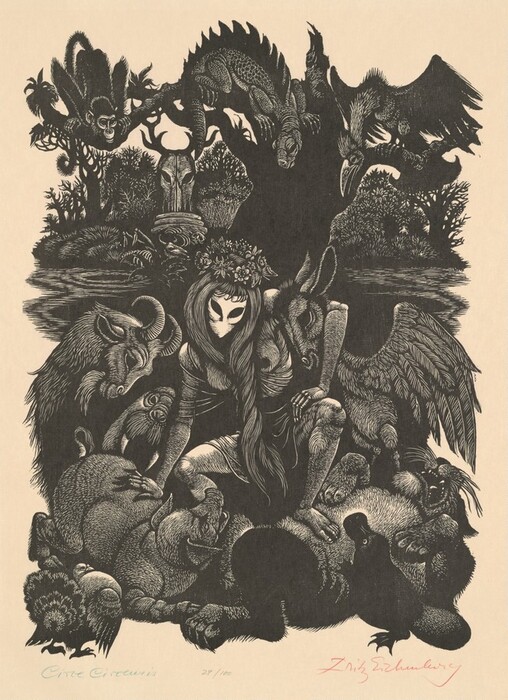 The image depicts swirling lines and intricate shapes forming a dense, chaotic abstract scene. At the center is a figure with long flowing hair and an alien-like mask, surrounded by various animals and creatures including an eagle, a warthog, a dragon, a monkey, and others. The backdrop includes trees and foliage, resembling a jungle or forest setting. The figure wears a crown of flowers.