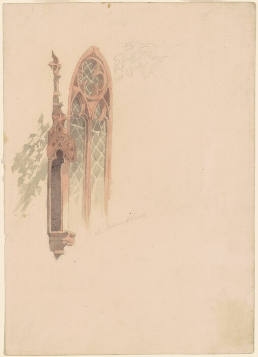This is a drawing of an ornate church window. The artwork depicts an intricately designed Gothic-style arched window of a church, framed by a stone structure with elaborate carvings. The stained glass sections are detailed with repeating patterns, and a subtle play of light and shadow suggests an overhanging foliage partially sketched above the window frame. The caption "St. Peter's Church" is lightly sketched beneath the architectural detail. The drawing uses soft colors and delicate lines to emphasize the craftsmanship of the window and stonework.