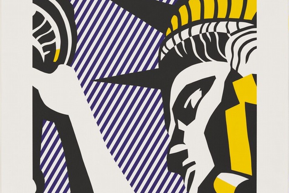 This print features the head and raised arm of the Statue of Liberty, seen from below against a backdrop of diagonal purple stripes. The shape of the statue has been simplified into geometric planes and shapes. The statue's recognizable features such as the crown and torch are highlighted in vibrant yellow and black, while most of the statue is white. The statue's head and shoulder are on the right side while the arm holding the torch extends upward on the left. The print is surrounded by a border of off-white paper.