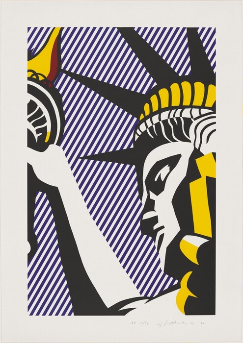 This print features the head and raised arm of the Statue of Liberty, seen from below against a backdrop of diagonal purple stripes. The shape of the statue has been simplified into geometric planes and shapes. The statue's recognizable features such as the crown and torch are highlighted in vibrant yellow and black, while most of the statue is white. The statue's head and shoulder are on the right side while the arm holding the torch extends upward on the left. The print is surrounded by a border of off-white paper.