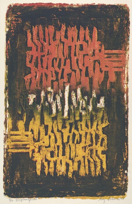 The image consists of vertical, jagged lines and abstract shapes creating a textured pattern. The lines resemble stylized flames or ancient tree bark against a dark background. The top part is reddish, transitioning to white with hints of green, and the bottom is a rich mustard yellow. The scene is framed by a black border.