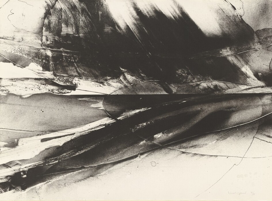 Sweeping dark lines and gradients of black and gray stretch diagonally across the composition, intersecting and overlapping to form dynamic shapes. Lighter streaks intertwine with the darker sections, adding a sense of motion and depth.