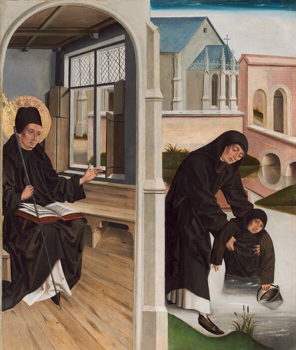 Two scenes showing monks wearing black hoods and robes take place on this vertical panel painting. The left half is framed by a white stone arch supported on a pillar, which runs down the middle of the composition. Under the arch, a clean-shaven man sits with his body angled to our right. A book is open on his lap, and he holds up his left hand, to our right. He braces a gold-tipped long staff with his other hand, and a gold halo frames his lined face. His hood is down, and he wears a tall, brimless black cap. He sits in a room with a wood floor, wood ceiling, and a bench under an open window on the far wall. The shutters are pulled back to show a continuation of the background landscape on the right half. There, one monk holds another, who is smaller in scale, around the chest as the latter floats or stands in a white body of water. The person in the water holds a bucket limply by his side and looks at us. The water winds back to low, green hills and a pink stone building with white trim along the right edge of the painting. A church with ivory-white walls and a slate-blue roof is situated slightly farther back, and it continues to be visible through the windows. The narrow strip of white sky in the top right corner of the painting is lined along the top edge with aquamarine blue.