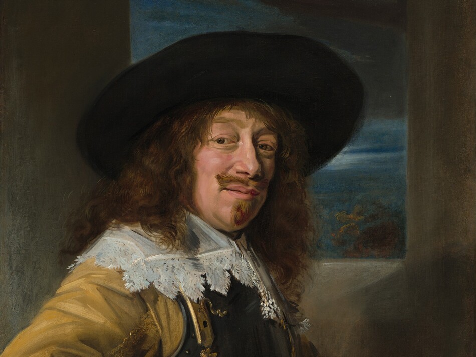 Shown from the hips up, a man with peachy skin and long, brown curly hair and goatee stands in front of a window opening onto a moonlit sky in this vertical portrait painting. His body faces our right and his right fist, closer to us, rests on his hip so his elbow juts toward us. Wearing a dark, wide brimmed hat, he turns his head to look over his right shoulder directly at us. His eyebrows are slightly raised over brown eyes, and he has a bumpy nose, a slight double chin, and pale pink lips that curve in the suggestion of a smile. He wears a golden yellow jacket with buttons along the sleeve we can see. The wrist of the jacket is trimmed with a wide, lace-edged cuff and a similarly wide, lace-trimmed collar lies over the armor breastplate that covers his chest. A marigold-orange sash is tied around the breastplate as well near the waist, and the goldenrod-yellow jacket drapes from a portly belly over his hips. He stands in front of a gray wall pierced with a rectangular window. The view has a veil of dark gray clouds over the moonlit sky.