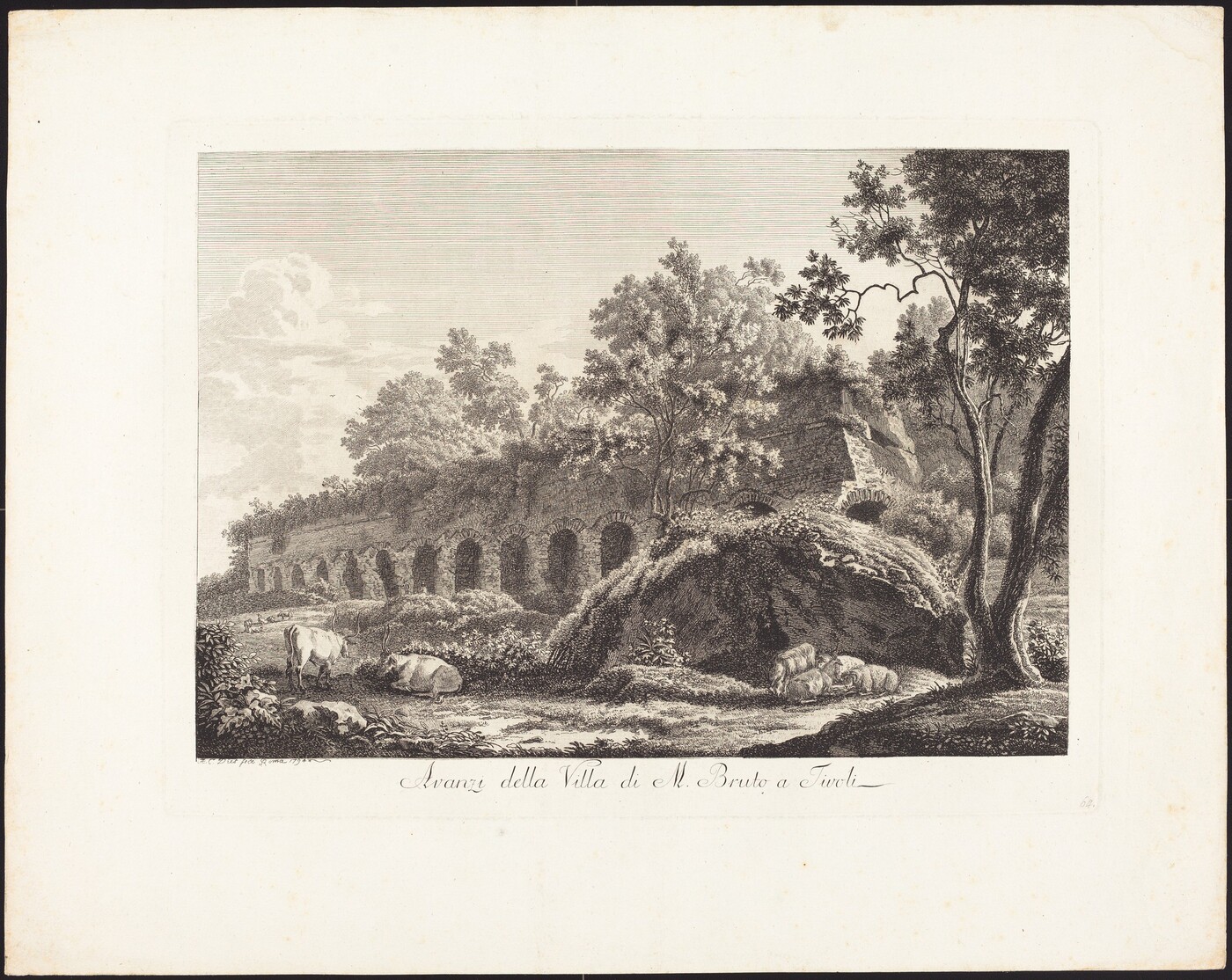 The image shows a landscape with an ancient, arched structure in the center. The horizon is above the structure, with clouds in the sky. The artwork features detailed brushwork showcasing texture of stone and foliage. The color palette is mainly shades of grey. Two cows are near the structure, with more livestock visible to the right. Vegetation, trees, and ruins blend together in the scene.