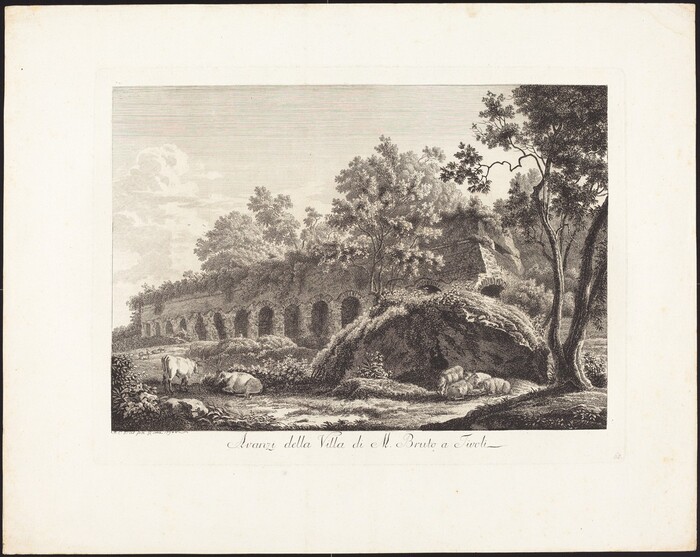 The image shows a landscape with an ancient, arched structure in the center. The horizon is above the structure, with clouds in the sky. The artwork features detailed brushwork showcasing texture of stone and foliage. The color palette is mainly shades of grey. Two cows are near the structure, with more livestock visible to the right. Vegetation, trees, and ruins blend together in the scene.