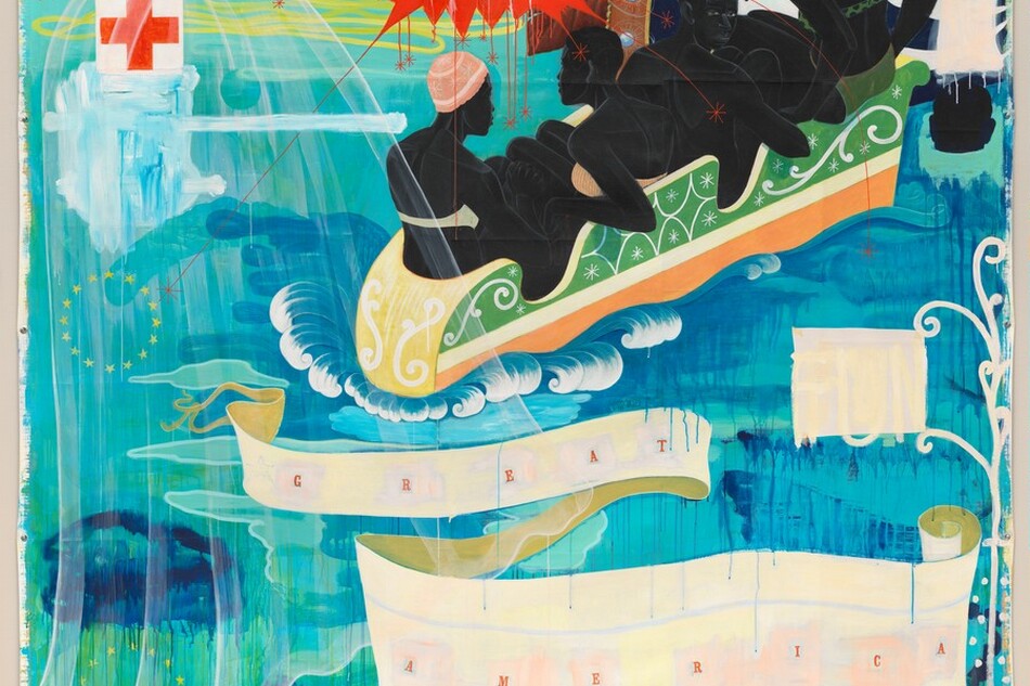 Four people with black skin are squeezed into a narrow boat on bright, turquoise-colored water that nearly fills this stylized, square painting. All four sides of the unstretched canvas are lined with six gromets spaced along each edge. The boat approaches a carnival-like tunnel near the upper right corner. Cartoon ghosts loom at the tunnel entrance and a translucent, veil-like ghost hovers over the left half of the painting. The horizon comes almost to the top of the canvas, where white clouds float against an azure-blue sky. A long, lemon-yellow line curls back and forth in a tight, curving zigzag pattern that widens out from a tiny sun setting on the horizon. A red cross on a white field floats near the upper left. At the top center, the word “WOW” appears in white letters within a crimson-red, bursting speech bubble with long trailing tendrils, like an exploded firework. Below the boat and against the water to our right, the word “FUN” has been overlaid with a white square so the tall, white letters are barely visible. The words “GREAT AMERICA” appear in a curling banner across the bottom half of the painting.