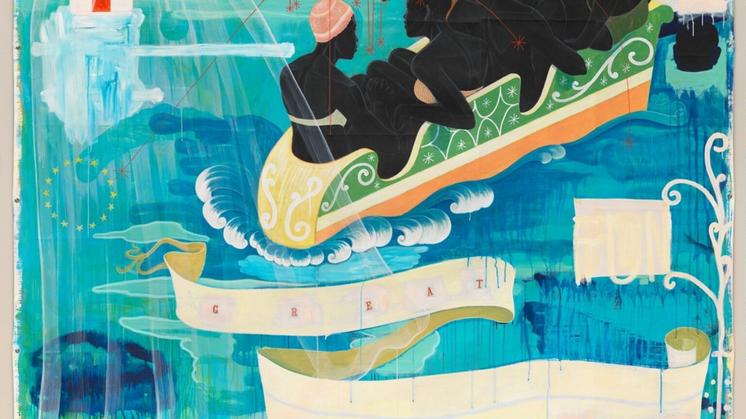 Four people with black skin are squeezed into a narrow boat on bright, turquoise-colored water that nearly fills this stylized, square painting. All four sides of the unstretched canvas are lined with six gromets spaced along each edge. The boat approaches a carnival-like tunnel near the upper right corner. Cartoon ghosts loom at the tunnel entrance and a translucent, veil-like ghost hovers over the left half of the painting. The horizon comes almost to the top of the canvas, where white clouds float against an azure-blue sky. A long, lemon-yellow line curls back and forth in a tight, curving zigzag pattern that widens out from a tiny sun setting on the horizon. A red cross on a white field floats near the upper left. At the top center, the word “WOW” appears in white letters within a crimson-red, bursting speech bubble with long trailing tendrils, like an exploded firework. Below the boat and against the water to our right, the word “FUN” has been overlaid with a white square so the tall, white letters are barely visible. The words “GREAT AMERICA” appear in a curling banner across the bottom half of the painting.