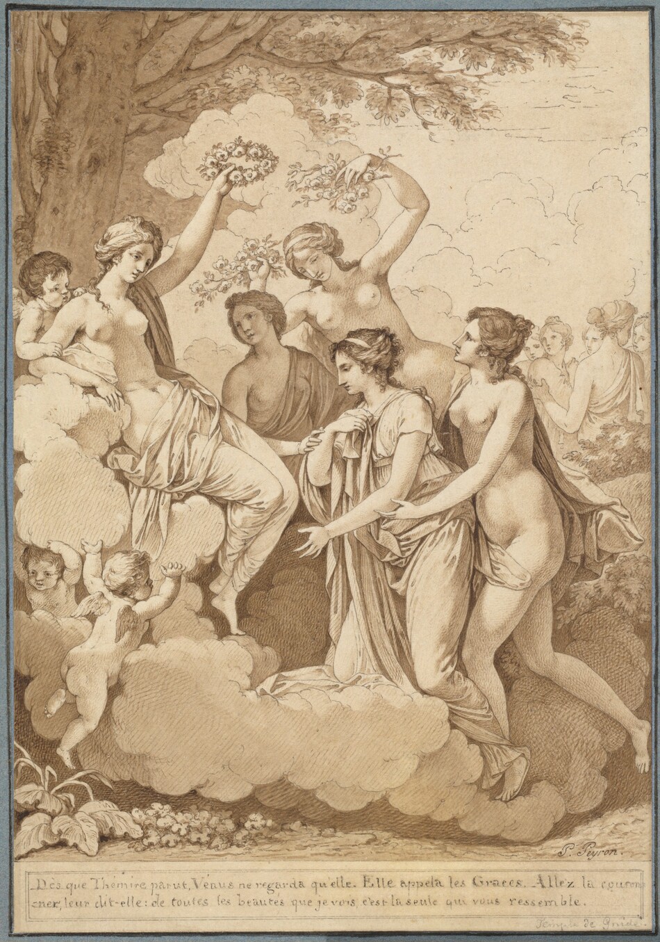 This is a drawing of a classical mythological scene. The scene depicts a group of female figures in an ethereal setting surrounded by clouds and nature elements. They are depicted with flowing garments and engaging in a graceful ritual or gathering. Cherubic figures are interspersed among them. The setting is under a large tree with expansive branches. The drawing captures the elegance and harmony of the figures and their environment with delicate lines and shading.