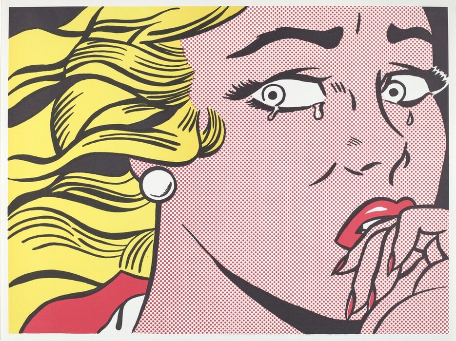 The print shows a close-up view of a woman's face and part of her hand. Her face is turned towards the right, and her hand is near her mouth, with her fingers curled against her lips. She is looking at us out of the corner of her eyes. The woman's facial features include large, wide eyes with visible tears, arched black eyebrows, long lashes, and glossy red lips. The skin of her face is colored using tiny red dots on a white background, giving the overall appearance of pink skin. Her hair is depicted in yellow with some thick black streaks. She wears a large, round, white earring, and the red and white collars of what look like a shirt and a jacket are partially visible in the lower-left corner of the print.