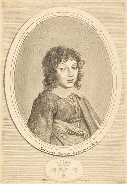 The image shows the upper half of a young male figure seated or angled slightly, facing forward with his head turned to his left. He has a youthful face with prominent eyes, a subtle mouth, and curly hair reaching his collar. He is dressed in a garment with a voluminous collar and a decorative element, possibly a brooch. There is no visible jewelry or objects held. The background includes an oval frame with linear texture shading around the figure, and inscription details on the outer border.