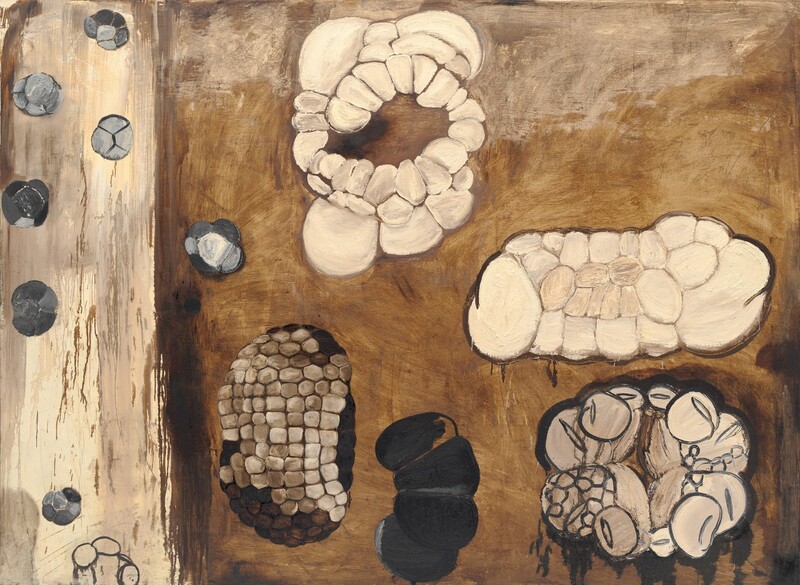 Six rounded and clustered organic shapes in shades of gray and beige stand out against a textured, mostly russet-brown background in this horizontal abstract painting. A strip up the left fifth of the painting has a lighter, eggshell-white background with seven cell-like, dark gray shapes spaced along its height. In the larger area to the right, the formation closest to the top of the painting is a spiral made up of bone-white pouches or ovals. A smaller gray form like those in the strip to the left floats next to this spiral. Moving down and to the right is a long, loaf-shaped form made up of more white pouches or cells. Below that is a wreath-like cluster of ash-brown, cup-like forms. Now moving left along the bottom of the composition are a caterpillar-like shape made of four dark gray ovals and, finally, an oval made of what appears to be parchment-brown kernels or scales.