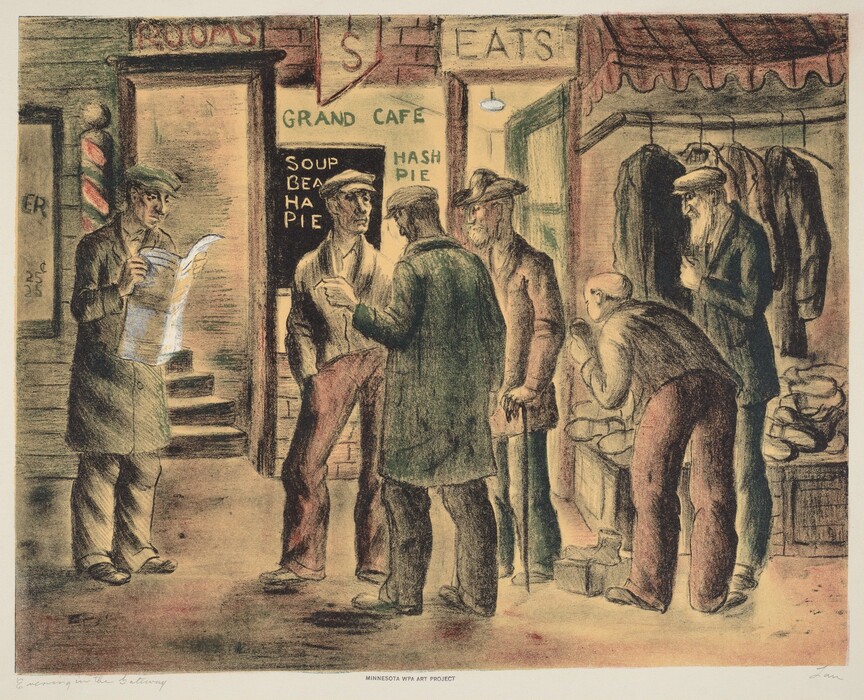 This is a painting of a group of men gathered at the entrance to an establishment. The scene is lively yet somber, capturing a moment of social gathering in an urban setting. One man on the left is reading a newspaper. The signage reads "Grand Café" with offerings such as "Soup" and "Hash Pie." A barber pole is visible on the left side of the entryway. Coats are hanging on the right side. The clothing and general appearance suggest a setting from the early to mid-20th century. The artwork style is influenced by the realist movement. This is in the style of Thomas Hart Benton.