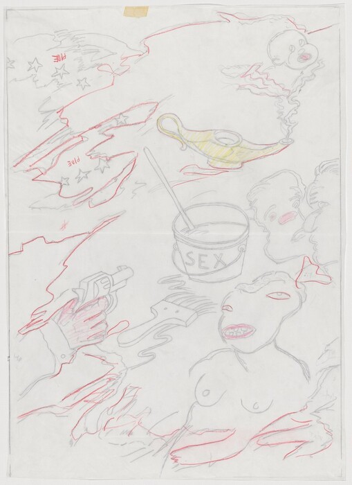 The image displays abstract swirling lines and shapes outlined in red and grey. In the top left corner are star shapes. A magic lamp emitting smoke that forms a figure with a clown-like face is present in the top right. Below, a hand holding a gun emerges near a paintbrush next to a bucket labeled "SEX." The lower section features a stylized humanoid face with exaggerated lips.