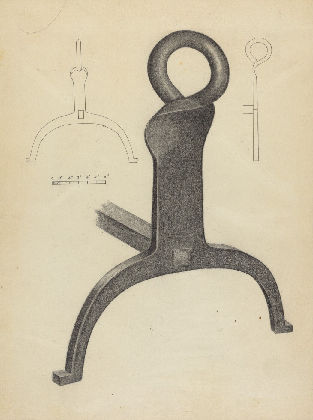 This is a drawing of a metal object with a rounded hook at the top. The drawing shows a detailed representation of a tool or part, characterized by a circular loop at the top transitioning into a curved base with two extended legs. The drawing is in pencil or charcoal, capturing shading and texture that adds depth to the object. In the background, there are additional line sketches of the same object from various angles, depicting its dimensions and structure. The drawing conveys an industrial or functional theme, focusing on the design and mechanical details of the object.