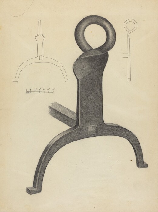 This is a drawing of a metal object with a rounded hook at the top. The drawing shows a detailed representation of a tool or part, characterized by a circular loop at the top transitioning into a curved base with two extended legs. The drawing is in pencil or charcoal, capturing shading and texture that adds depth to the object. In the background, there are additional line sketches of the same object from various angles, depicting its dimensions and structure. The drawing conveys an industrial or functional theme, focusing on the design and mechanical details of the object.