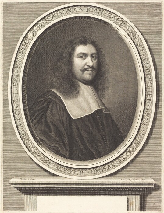 The image depicts a person seated in a slightly turned position, with their head facing forward in a three-quarters view. The individual has a full face, mustache, and curly hair flowing to the shoulders. They wear a dark robe with a large, light-colored collar. The subject is surrounded by an oval frame with decorative elements and inscriptions. The background consists of a uniform pattern enhancing the focus on the individual within the ornate frame.