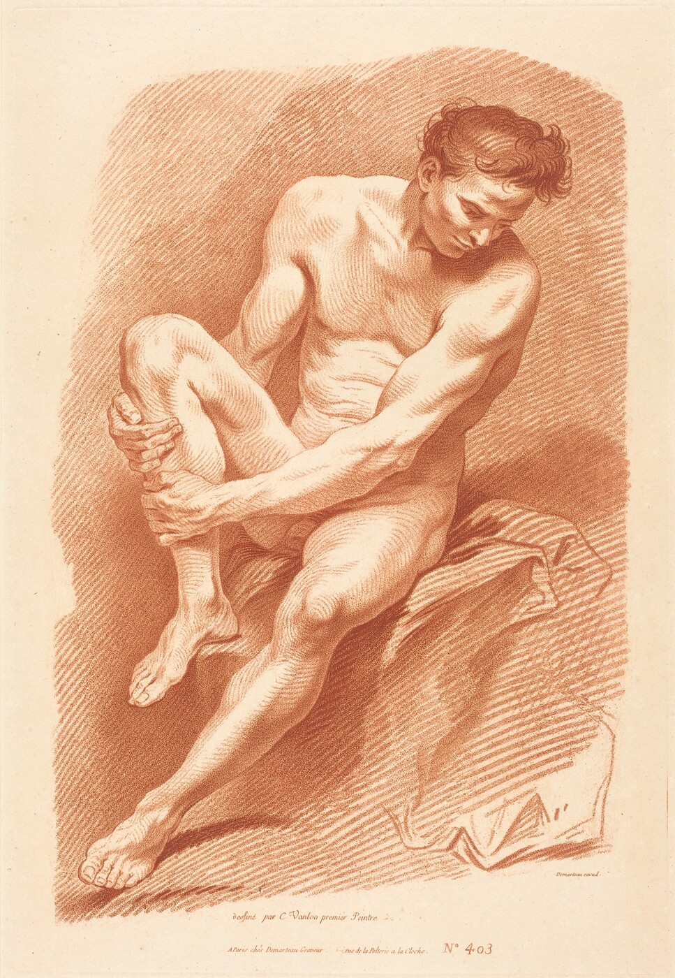 The image shows a nude male figure seated with his right leg bent and resting on his left knee. His torso is slightly angled forward, and he rests his hands on his right knee. His head is tilted downward, looking to his left. The man's facial features are defined, with a strong jawline and prominent cheekbones. He has short, wavy hair that is neatly styled. The background is textured, emphasizing the contours of his musculature. He is seated on draped fabric, and the image is rendered in a monochromatic sepia tone. There are no visible items of jewelry or objects held by the figure.