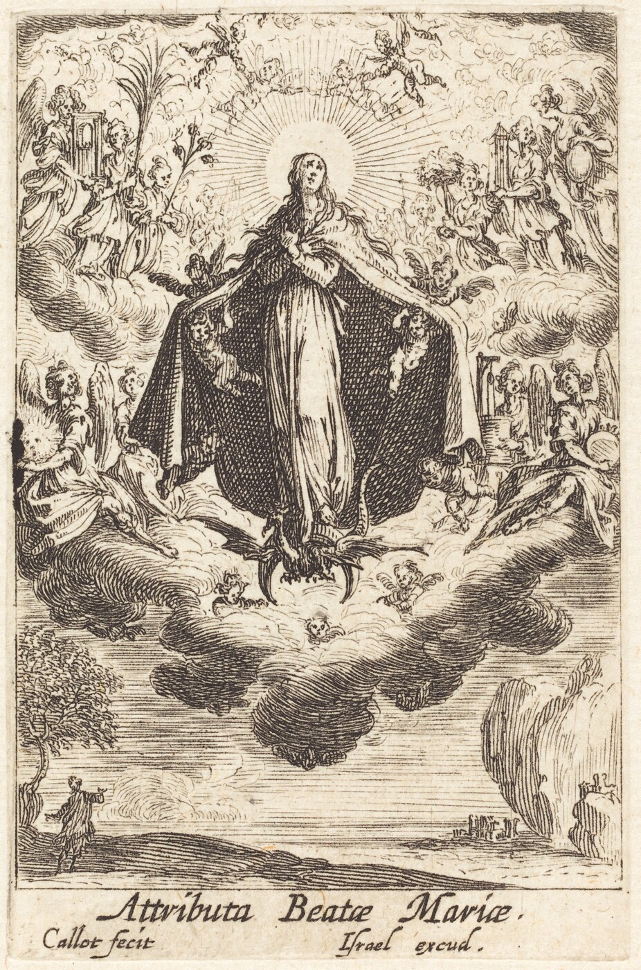 The image shows a female figure standing in an elevated posture with arms outstretched, holding a cloak that drapes around and below her. She has a serene expression, long hair, a long gown, and a halo effect around her head. There is a crescent moon under her feet and cherubic figures around her. Smaller figures on clouds are engaged in various activities, while others above play musical instruments or hold objects. The background is filled with stylized clouds and additional figures. At the bottom, there is a landscape with a tree and a person looking up toward the central figure. Latin text at the bottom identifies the scene.