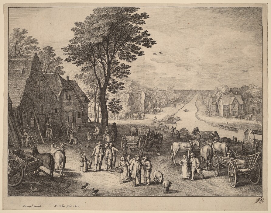 The image features a village road stretching into the distance, lined with trees and buildings. The drawing uses detailed line work to depict textures in the scene. The color scheme is monochromatic in tones of black and grey. Villagers are shown engaging in various activities, with horse-drawn carts and wagons present. More figures and structures can be seen in the distance.