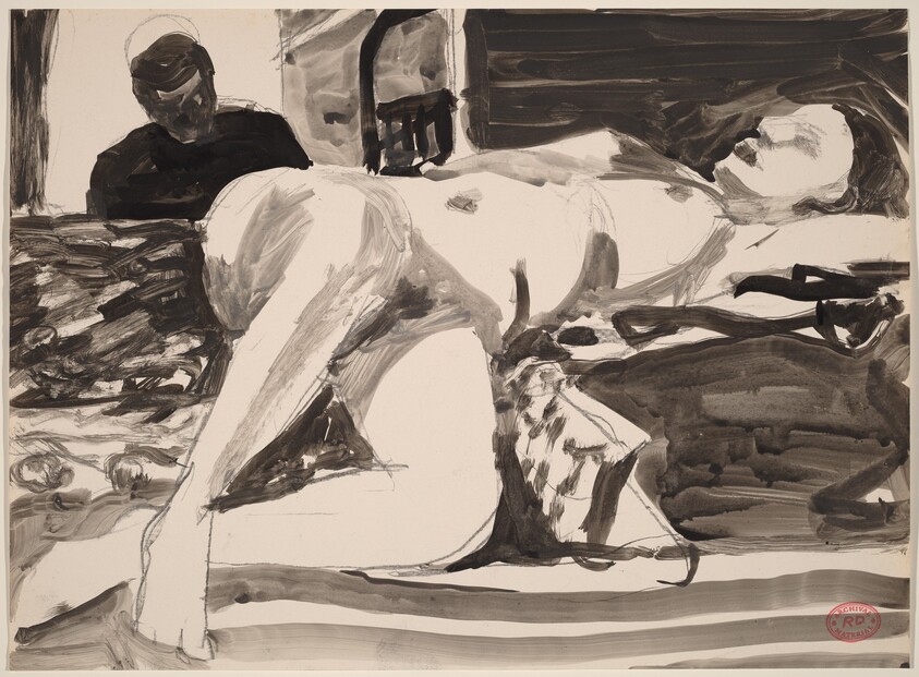 Untitled [reclining female nude with figure in doorway]