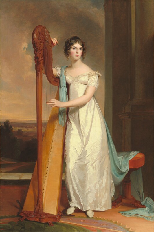 A pale-skinned woman wearing a shimmering, pearl-white dress stands next to a harp, which is taller than she is, in this vertical portrait painting. The woman’s body faces us, but she angles her head slightly to our right. She looks up and off into the distance with gray-blue eyes under dark, curved brows. She has an oval face with a narrow chin. Her cheeks are flushed, and her full pink lips are closed. Her hair is pulled up, and chin-length curls frame her face. A ruffle, perhaps of lace, lines the low neckline of her dress, which has a sheen suggesting satin or silk. The gown has short, cap sleeves and falls in a narrow A-line to her pointed white shoes. One foot rests on a pedal at the base of the harp, and behind her is a low stool with a round, dark orange upholstered seat and a wood pedestal base. A topaz-blue brocade-patterned scarf with fringed narrow ends falls over one of the woman’s shoulders, down her back, across the stool, and then puddles on the floor. The woman’s right arm, on our left, rests over the upward curving neck of the harp. She holds a T-shaped tuning key in that hand. Her other hand reaches across her body to touch the strings. The crown of the harp is ornately carved with leaves, and the instruments rests on low, clawed feet. The carpet or floor is patterned with concentric circles and patterned rings in peach, moss green, soft yellow, and pink. A gray stone column rises to our right behind the woman, and a ledge spans the rest of the space behind her. The landscape beyond has hills and trees leading back to the horizon, which comes about halfway up the composition. Parchment-brown clouds swirl against a muted blue sky above. The artist signed the work as if his initials and date were written on the base of the harp. The intwined letters T and S are followed by the date, 1818.