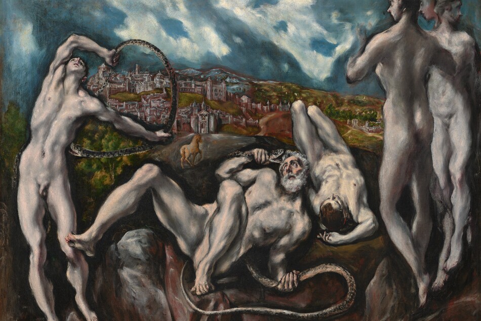 Close to us, six people, all nude with light skin, stand or lie intertwined with snakes on a bank of rocks in this horizonal painting. Beyond them, the deep, distant landscape has a brown horse, tiny in scale, headed for a city of stone buildings beneath a vivid blue sky filled with twisting white clouds. The people’s bodies are sinewy and elongated, and their skin is painted in tones of ivory white, warmed with peach highlights and streaked with deep gray shadows. At the center, a man with a white beard and white, curly hair lies back on the charcoal-gray rock with his knees bent and his shins splayed out. With his body angled away from us to our right, he holds the body of a long, silvery-gray snake in his left fist, on our right, down by his hip. The snake curves behind the man’s body and he grips the snake behind its head. The man has high cheekbones and sunken cheeks, and rolls his eyes up and back to look at the snake, whose wide-open mouth nearly touches his hair. To our left, a cleanshaven young man stands with his body facing us but he arches back, holding an arcing snake in his hands. The young man’s right hand, on our left, bends at the elbow so he can grasp the snake’s tail and his other arm stretches straight back, holding the snake’s body as it curls around so its fangs nearly reach the young man’s side. To our right, next to the older man, a second, dark-haired young man lies on the rocks with his head toward us. His feet are on the ground, so we look onto the tops of his thighs. He lies with one hand resting on the ground, overhead. Three people seem to float, feet dangling, alongside the right edge of the painting. The person closest to us looks onto the writhing people in profile, back to us. A second person just beyond also looks to our left. A third head turns the opposite direction and looks off to our right. In the distance, the golden-brown horse is angled away from us, one front leg raised, on a path that moves from behind the rocky outcropping to the far-off town. Nestled in a shallow valley, buildings in the town are mostly painted with rose pink and red walls and smoke-gray roofs. The land dips to a deeper, green valley to our right, lining the horizon that comes two-thirds of the way up the composition. The standing people are outlined against the sapphire-blue sky and knotted, gray and white clouds.