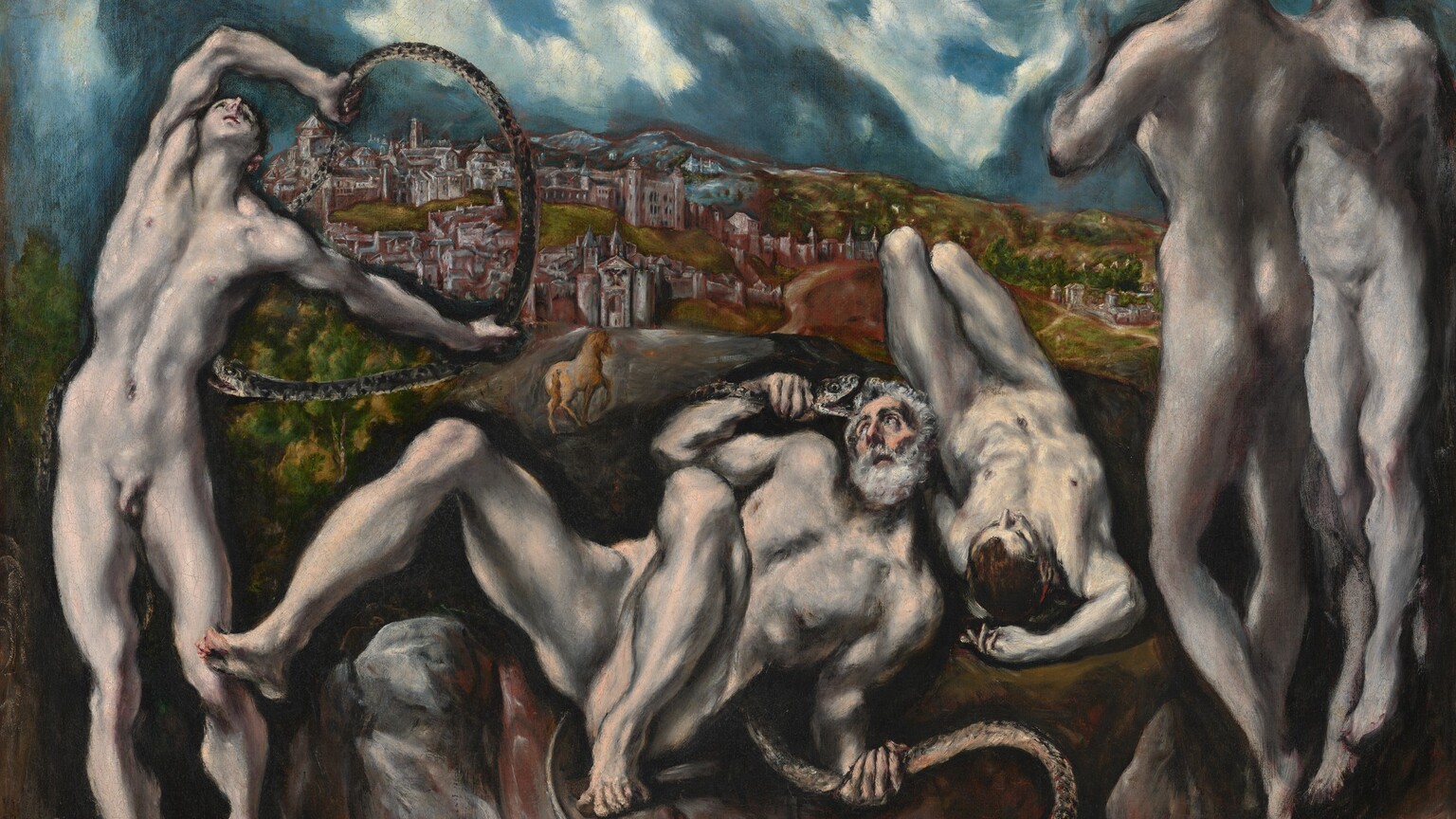 Close to us, six people, all nude with light skin, stand or lie intertwined with snakes on a bank of rocks in this horizonal painting. Beyond them, the deep, distant landscape has a brown horse, tiny in scale, headed for a city of stone buildings beneath a vivid blue sky filled with twisting white clouds. The people’s bodies are sinewy and elongated, and their skin is painted in tones of ivory white, warmed with peach highlights and streaked with deep gray shadows. At the center, a man with a white beard and white, curly hair lies back on the charcoal-gray rock with his knees bent and his shins splayed out. With his body angled away from us to our right, he holds the body of a long, silvery-gray snake in his left fist, on our right, down by his hip. The snake curves behind the man’s body and he grips the snake behind its head. The man has high cheekbones and sunken cheeks, and rolls his eyes up and back to look at the snake, whose wide-open mouth nearly touches his hair. To our left, a cleanshaven young man stands with his body facing us but he arches back, holding an arcing snake in his hands. The young man’s right hand, on our left, bends at the elbow so he can grasp the snake’s tail and his other arm stretches straight back, holding the snake’s body as it curls around so its fangs nearly reach the young man’s side. To our right, next to the older man, a second, dark-haired young man lies on the rocks with his head toward us. His feet are on the ground, so we look onto the tops of his thighs. He lies with one hand resting on the ground, overhead. Three people seem to float, feet dangling, alongside the right edge of the painting. The person closest to us looks onto the writhing people in profile, back to us. A second person just beyond also looks to our left. A third head turns the opposite direction and looks off to our right. In the distance, the golden-brown horse is angled away from us, one front leg raised, on a path that moves from behind the rocky outcropping to the far-off town. Nestled in a shallow valley, buildings in the town are mostly painted with rose pink and red walls and smoke-gray roofs. The land dips to a deeper, green valley to our right, lining the horizon that comes two-thirds of the way up the composition. The standing people are outlined against the sapphire-blue sky and knotted, gray and white clouds.