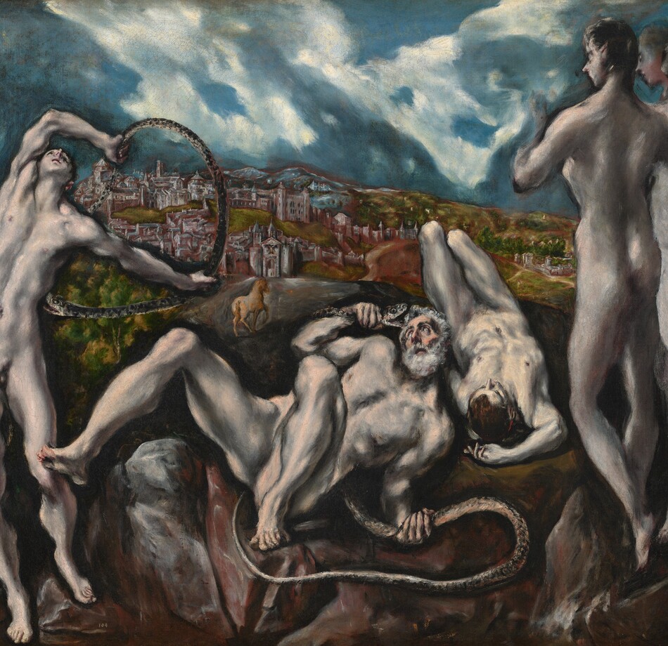 Close to us, six people, all nude with light skin, stand or lie intertwined with snakes on a bank of rocks in this horizonal painting. Beyond them, the deep, distant landscape has a brown horse, tiny in scale, headed for a city of stone buildings beneath a vivid blue sky filled with twisting white clouds. The people’s bodies are sinewy and elongated, and their skin is painted in tones of ivory white, warmed with peach highlights and streaked with deep gray shadows. At the center, a man with a white beard and white, curly hair lies back on the charcoal-gray rock with his knees bent and his shins splayed out. With his body angled away from us to our right, he holds the body of a long, silvery-gray snake in his left fist, on our right, down by his hip. The snake curves behind the man’s body and he grips the snake behind its head. The man has high cheekbones and sunken cheeks, and rolls his eyes up and back to look at the snake, whose wide-open mouth nearly touches his hair. To our left, a cleanshaven young man stands with his body facing us but he arches back, holding an arcing snake in his hands. The young man’s right hand, on our left, bends at the elbow so he can grasp the snake’s tail and his other arm stretches straight back, holding the snake’s body as it curls around so its fangs nearly reach the young man’s side. To our right, next to the older man, a second, dark-haired young man lies on the rocks with his head toward us. His feet are on the ground, so we look onto the tops of his thighs. He lies with one hand resting on the ground, overhead. Three people seem to float, feet dangling, alongside the right edge of the painting. The person closest to us looks onto the writhing people in profile, back to us. A second person just beyond also looks to our left. A third head turns the opposite direction and looks off to our right. In the distance, the golden-brown horse is angled away from us, one front leg raised, on a path that moves from behind the rocky outcropping to the far-off town. Nestled in a shallow valley, buildings in the town are mostly painted with rose pink and red walls and smoke-gray roofs. The land dips to a deeper, green valley to our right, lining the horizon that comes two-thirds of the way up the composition. The standing people are outlined against the sapphire-blue sky and knotted, gray and white clouds.