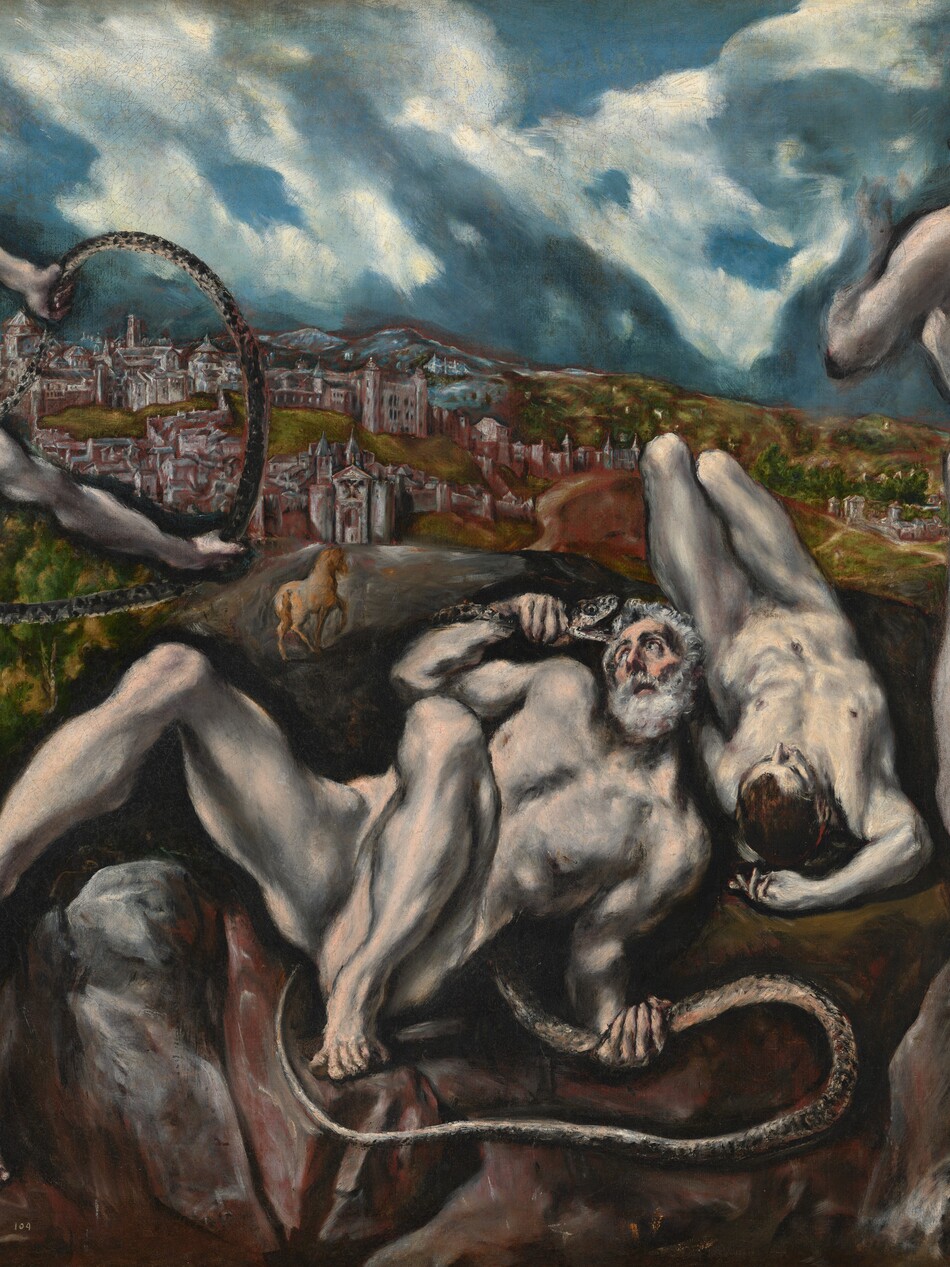 Close to us, six people, all nude with light skin, stand or lie intertwined with snakes on a bank of rocks in this horizonal painting. Beyond them, the deep, distant landscape has a brown horse, tiny in scale, headed for a city of stone buildings beneath a vivid blue sky filled with twisting white clouds. The people’s bodies are sinewy and elongated, and their skin is painted in tones of ivory white, warmed with peach highlights and streaked with deep gray shadows. At the center, a man with a white beard and white, curly hair lies back on the charcoal-gray rock with his knees bent and his shins splayed out. With his body angled away from us to our right, he holds the body of a long, silvery-gray snake in his left fist, on our right, down by his hip. The snake curves behind the man’s body and he grips the snake behind its head. The man has high cheekbones and sunken cheeks, and rolls his eyes up and back to look at the snake, whose wide-open mouth nearly touches his hair. To our left, a cleanshaven young man stands with his body facing us but he arches back, holding an arcing snake in his hands. The young man’s right hand, on our left, bends at the elbow so he can grasp the snake’s tail and his other arm stretches straight back, holding the snake’s body as it curls around so its fangs nearly reach the young man’s side. To our right, next to the older man, a second, dark-haired young man lies on the rocks with his head toward us. His feet are on the ground, so we look onto the tops of his thighs. He lies with one hand resting on the ground, overhead. Three people seem to float, feet dangling, alongside the right edge of the painting. The person closest to us looks onto the writhing people in profile, back to us. A second person just beyond also looks to our left. A third head turns the opposite direction and looks off to our right. In the distance, the golden-brown horse is angled away from us, one front leg raised, on a path that moves from behind the rocky outcropping to the far-off town. Nestled in a shallow valley, buildings in the town are mostly painted with rose pink and red walls and smoke-gray roofs. The land dips to a deeper, green valley to our right, lining the horizon that comes two-thirds of the way up the composition. The standing people are outlined against the sapphire-blue sky and knotted, gray and white clouds.