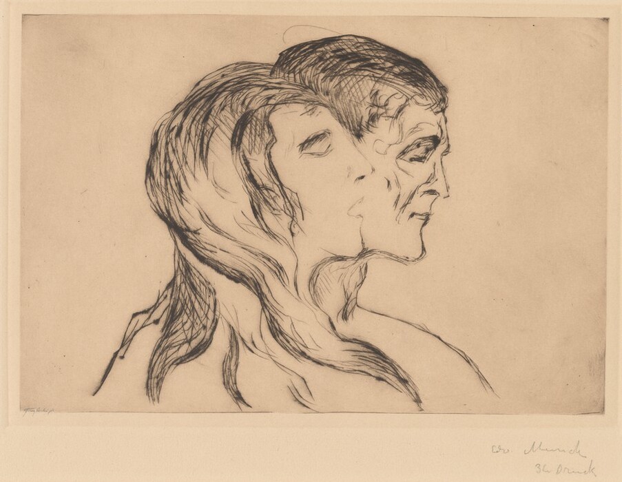 This print shows two overlapping profiles of faces, both looking to the right. In the front is the profile of a woman, with closed eyes, an open mouth, and long, flowing hair. Behind her is a man with pronounced cheekbones, deep-set, closed eyes, thin lips, and short, closely cropped hair. Both people have pale skin, and their shoulders seem to be nude. The background is blank beige paper, and there is a small, handwritten signature in the bottom left corner.