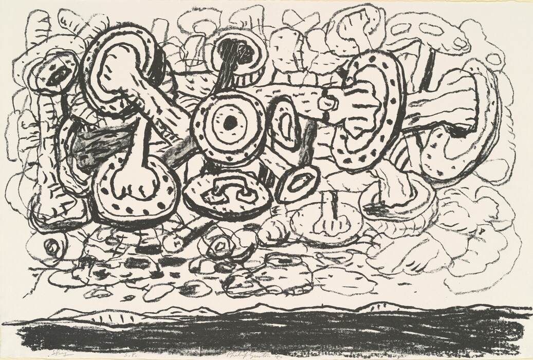 The image features bold, curving lines and circular shapes in an abstract composition. The shapes resemble interconnected mushrooms or gears, with some having concentric rings and dotted patterns. The densely packed and layered shapes create a sense of organized chaos, similar to a complex machine or a fantastical forest floor. The abstract nature of the artwork allows for multiple interpretations.