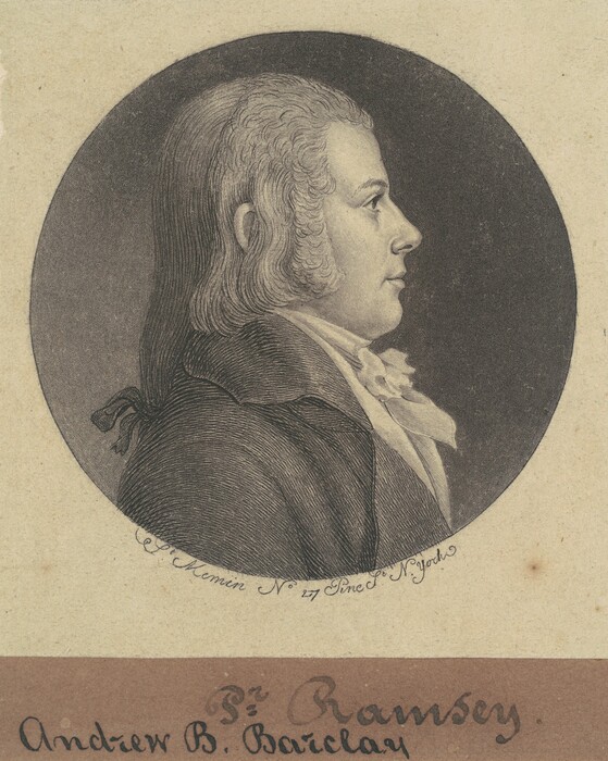 The image is a portrait illustration of an individual in profile view from the bust upwards. The person is facing right with their head turned in profile, featuring a prominent nose, softly defined lips, and hair styled in loose curls. The individual is depicted wearing a formal coat with an upturned collar and a neckcloth tied at the neck. There are no visible accessories. The background is a plain, dark circular backdrop contrasting with the person's lighter tones. The drawing is on textured paper with written text below.
