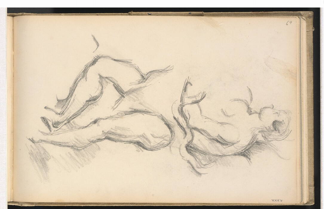 The image shows a sketch of a person in a reclining position, represented from head to toe. The individual is lying on their back with limbs extended in various directions. The facial features are basic, with a simple outline and faint indications of features, while the hair is illustrated with flowing lines. The person is nude, without any clothing or accessories. The background is formed by the open sketchbook's blank page, revealing the paper's edges and the book's spine.